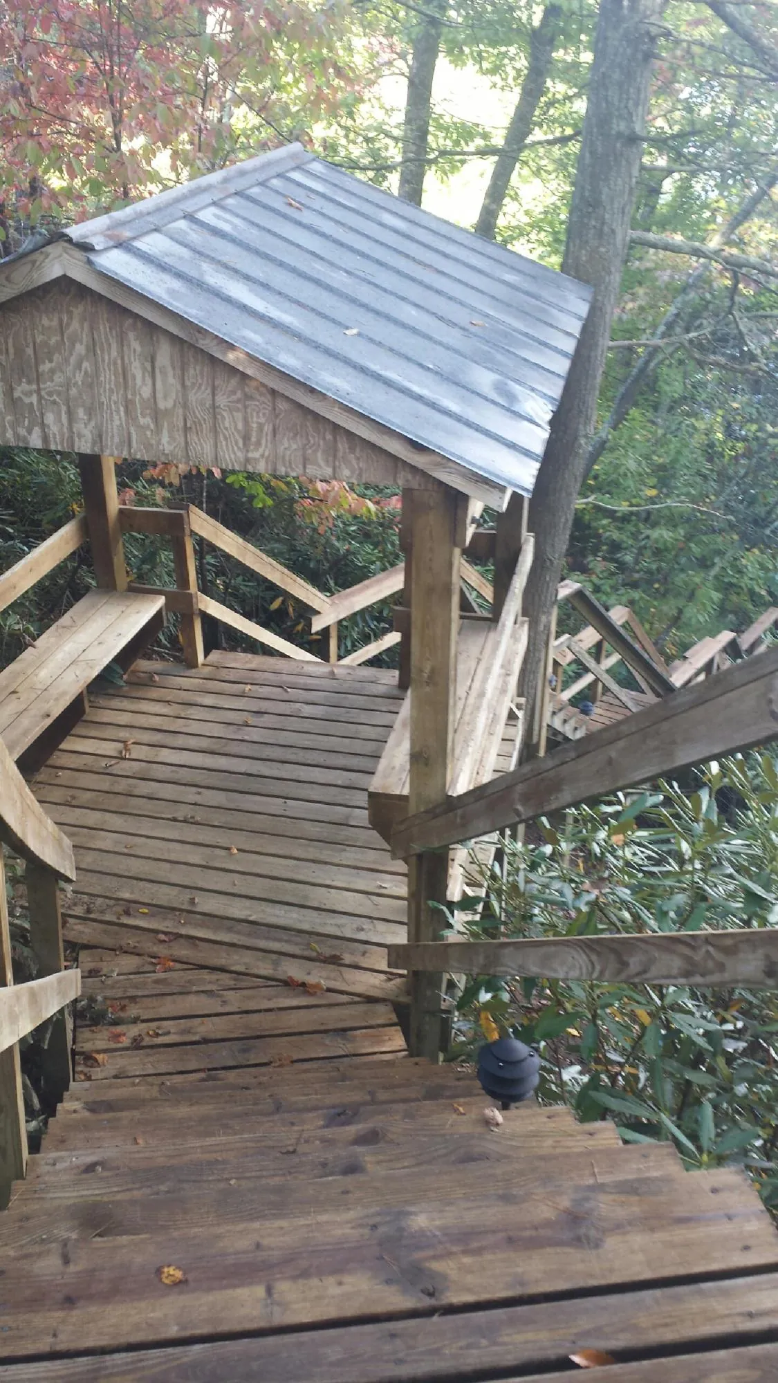 Metal roofed shelter over wooden steps on a wooded walkway — Skylight Repair & Installation work by our crew in Grant